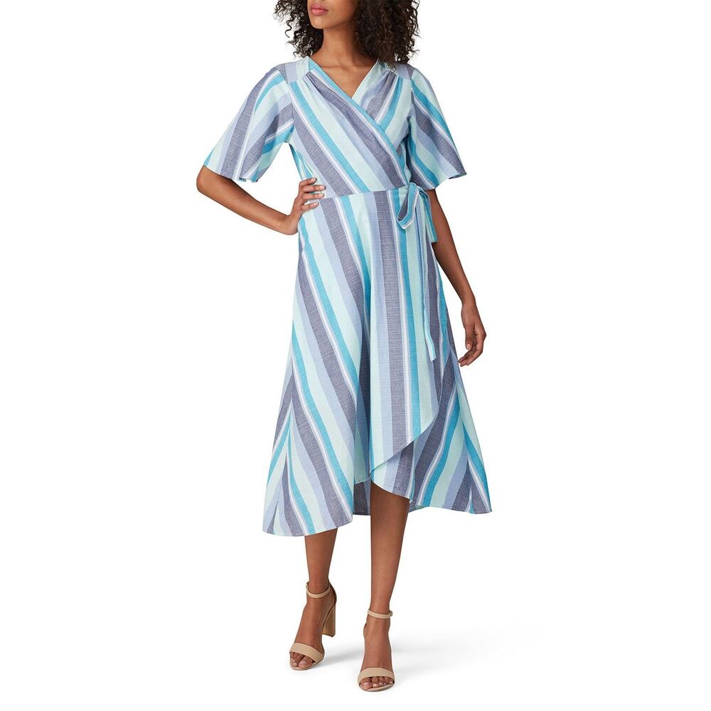 B Collection by Bobeau Orna Wrap Dress Sleeveless Blue Striped Linen Size Medium